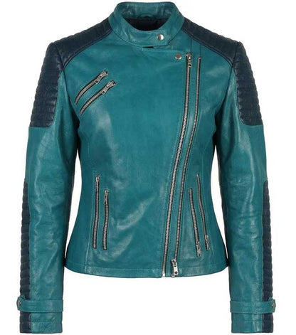 Women's teal leather jacket with quilted shoulder panels and a YKK front zipper.