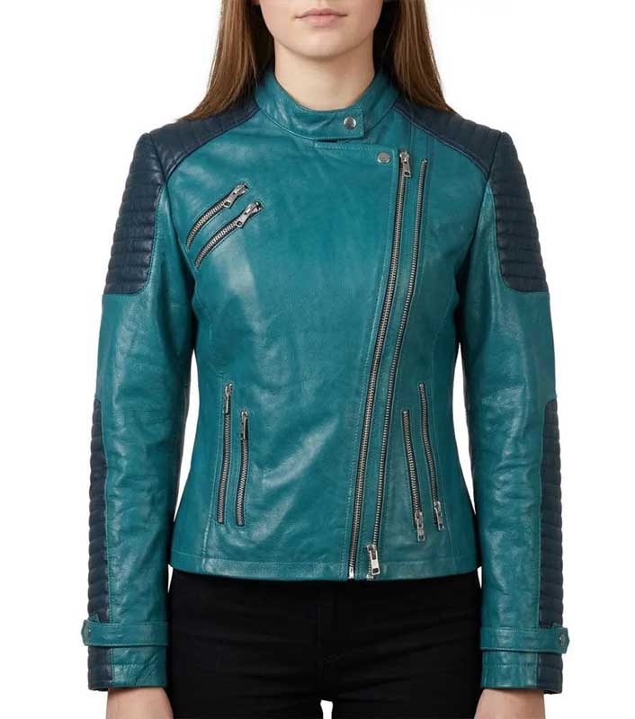 Women's teal real leather jacket featuring quilted shoulders and an asymmetric front zipper.