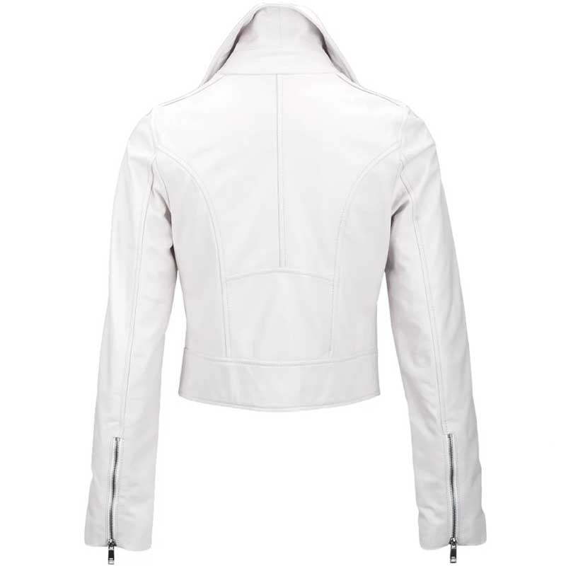 Women's White Cropped Leather Biker Jacket styled with high-waisted denim.