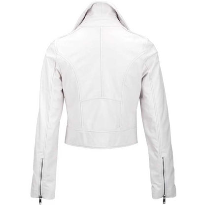 Women's White Cropped Leather Biker Jacket styled with high-waisted denim.