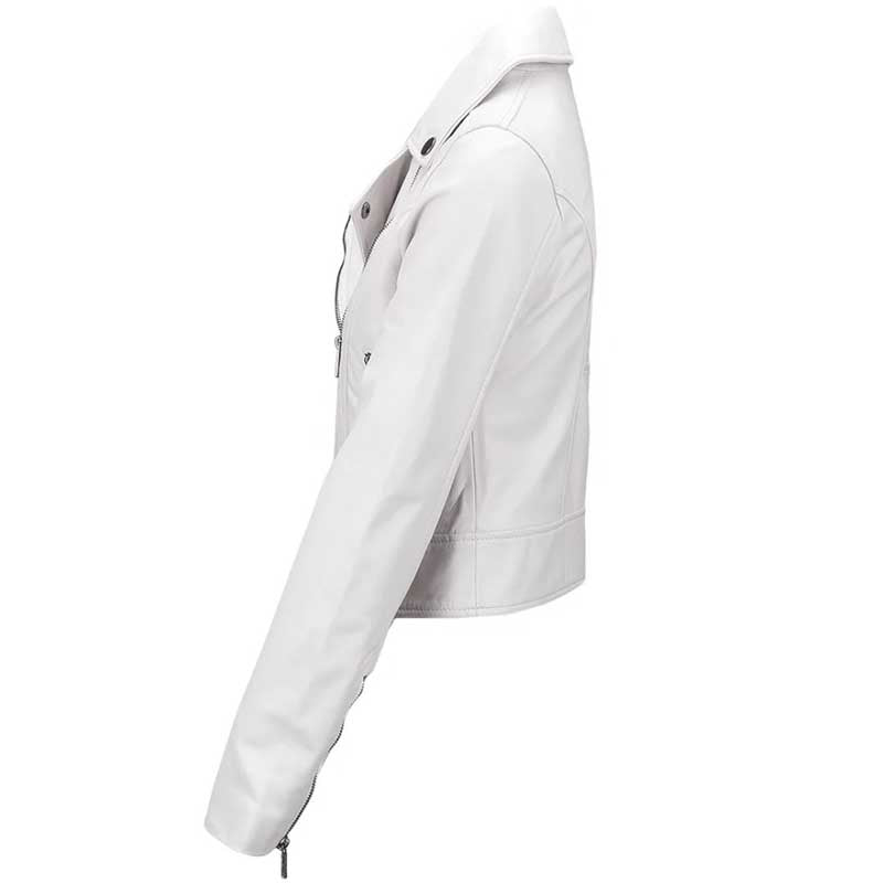 Women's White Cropped Leather Biker Jacket highlighting its genuine leather texture.