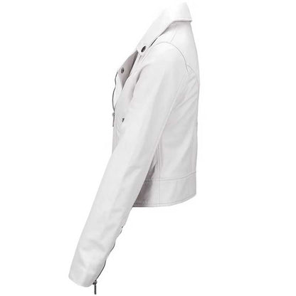 Women's White Cropped Leather Biker Jacket highlighting its genuine leather texture.