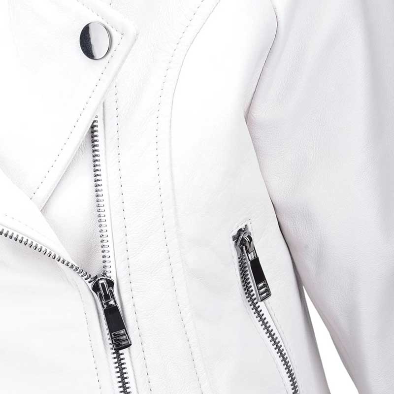 Women's White Cropped Leather Biker Jacket showcasing its cropped silhouette.