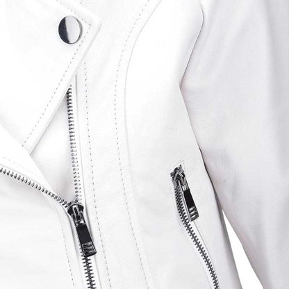 Women's White Cropped Leather Biker Jacket showcasing its cropped silhouette.