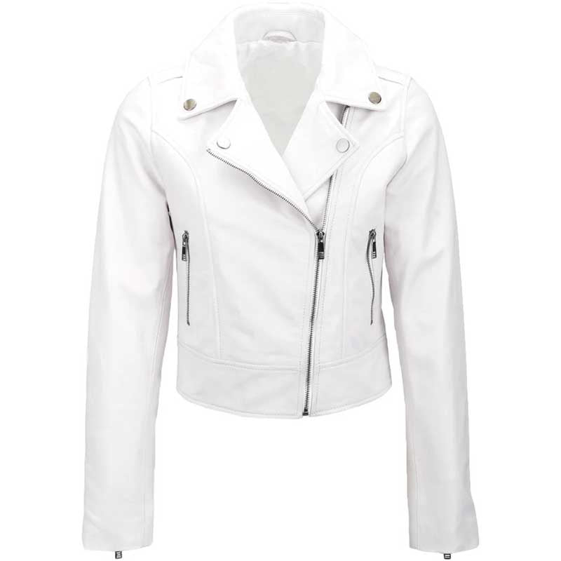Women's White Cropped Leather Biker Jacket shown in a front view.
