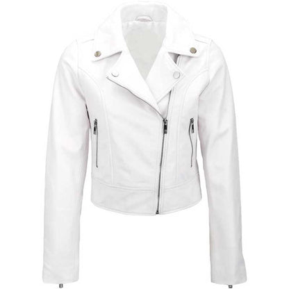 Women's White Cropped Leather Biker Jacket shown in a front view.