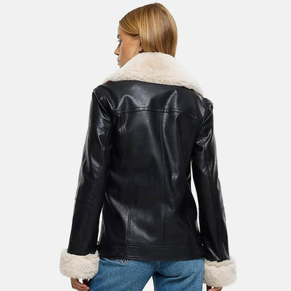 womens leather jacket with faux shearling in black