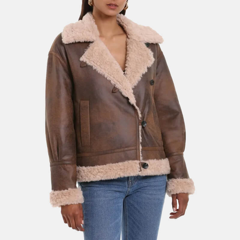 womens leather jacket with faux shearling in brown