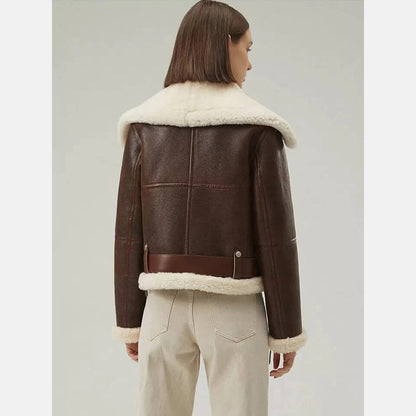 womens leather shearling coat in dark brown