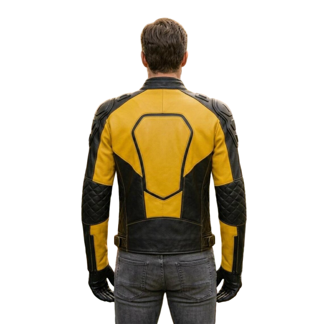 Back view of yellow and black moto leather jacket with quilted panels