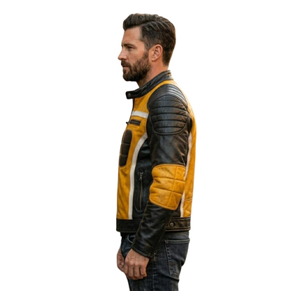Side angle of men yellow and black racing style leather jacket