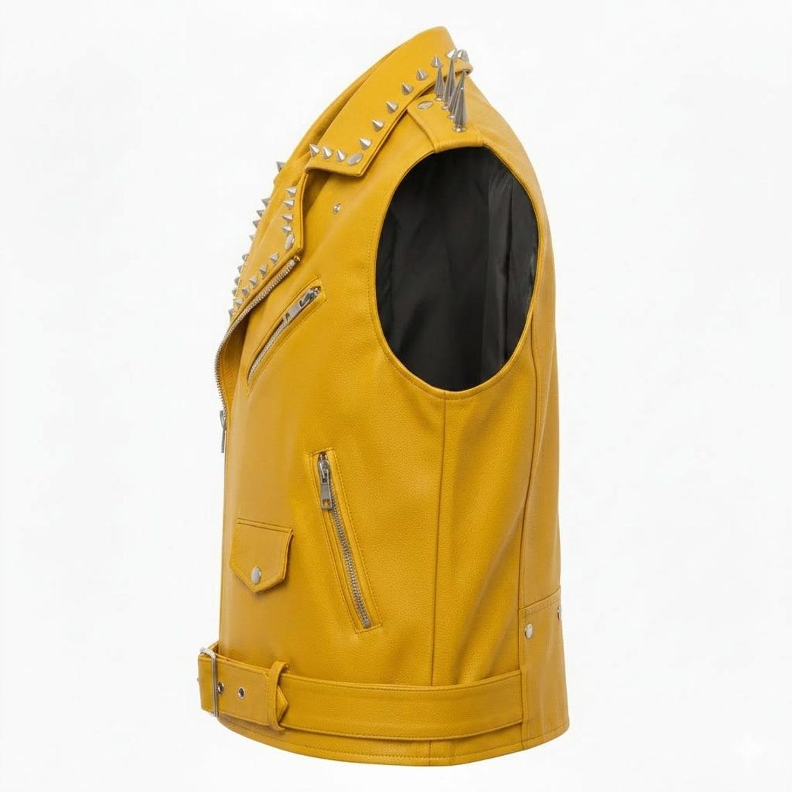 Side profile of yellow cut off motorcycle leather vest