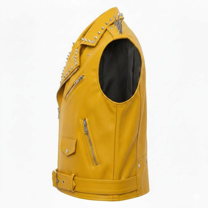 Side profile of yellow cut off motorcycle leather vest