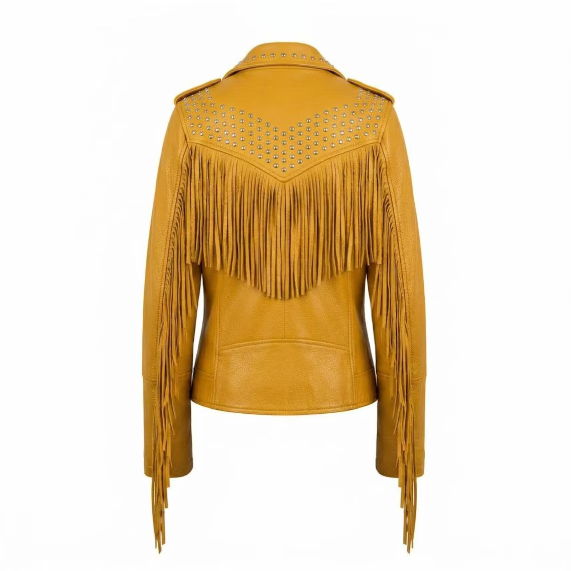 Back view of yellow fringe leather jacket for women