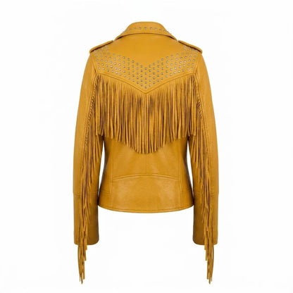 Back view of yellow fringe leather jacket for women