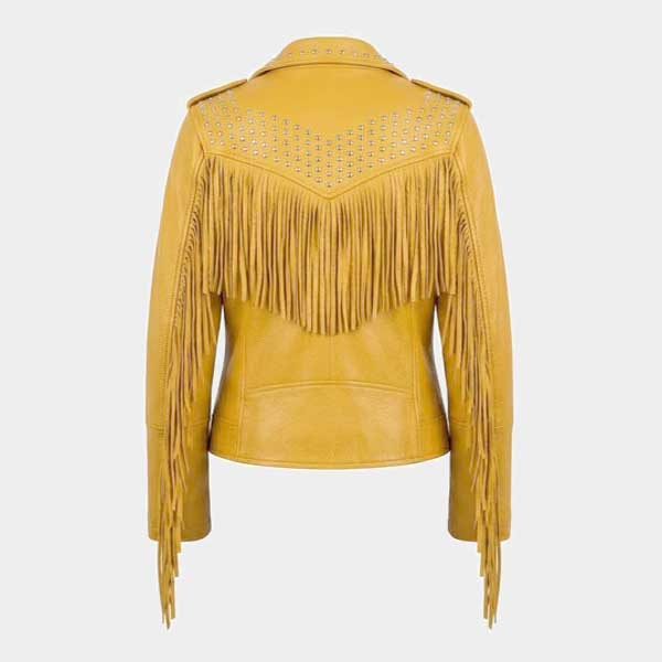 Yellow Fringe Studded Leather Jacket Slim Fit Biker Moto Style
