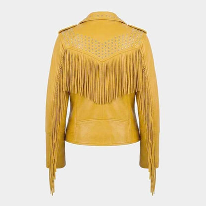 Yellow Fringe Studded Leather Jacket Slim Fit Biker Moto Style