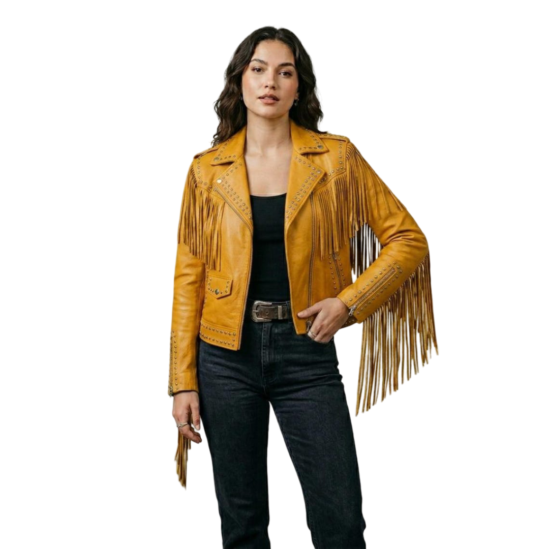 Front view of women yellow fringe leather jacket with studded biker detail