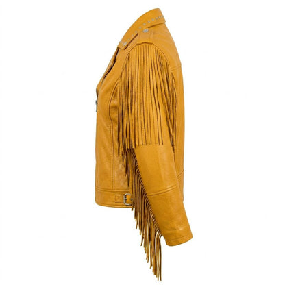  Side profile of yellow fringe leather jacket with stud detail