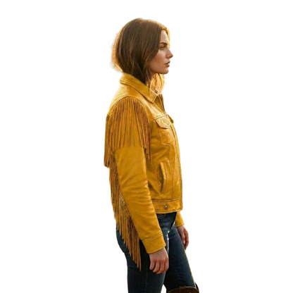 Side profile of yellow fringe leather jacket with long western fringe