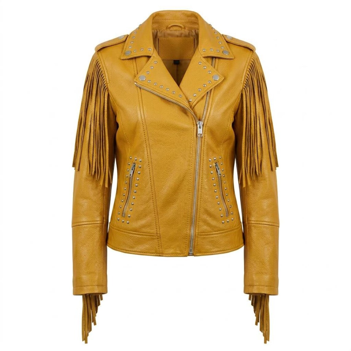 Front view of yellow fringe studded leather jacket slim fit biker style