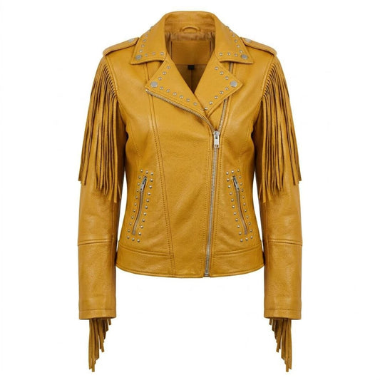 Front view of yellow fringe studded leather jacket slim fit biker style