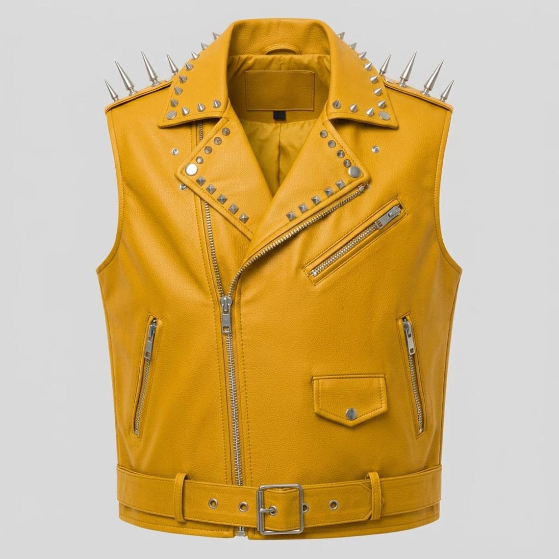Front view of men yellow leather biker vest with studded detailing