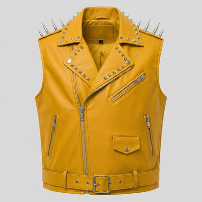 Front view of men yellow leather biker vest with studded detailing