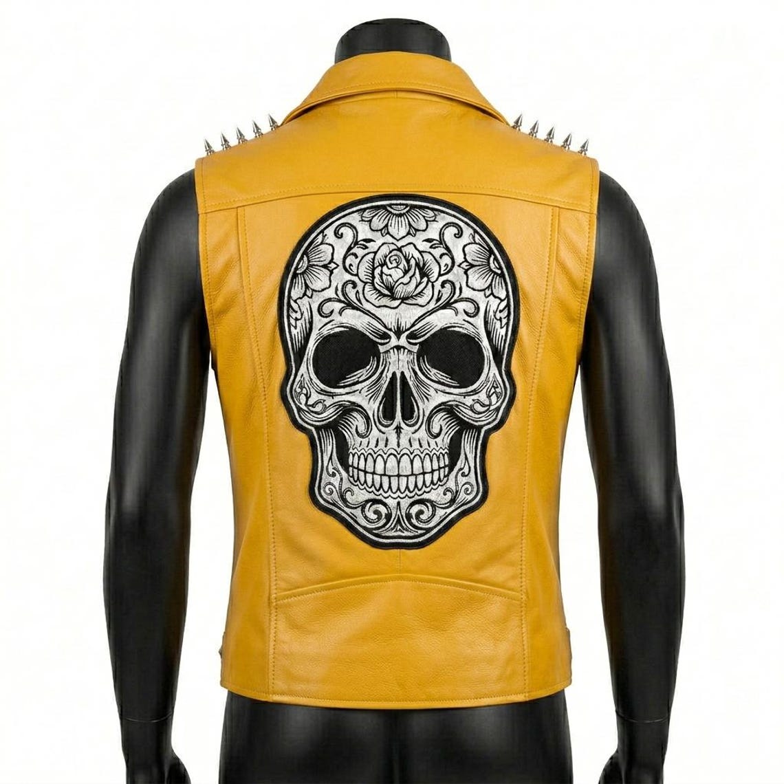 Back design of men yellow leather biker vest with bold gothic style