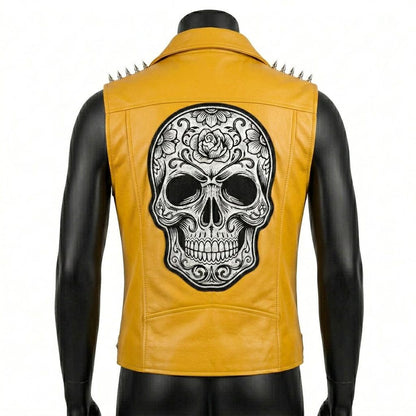 Back design of men yellow leather biker vest with bold gothic style