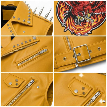 Detailed phoenix fire patch on yellow leather biker vest


