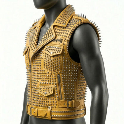 Side angle of yellow punk rock leather biker vest for men