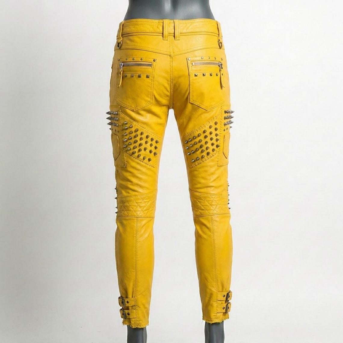 Back view of yellow punk rock leather pant for women