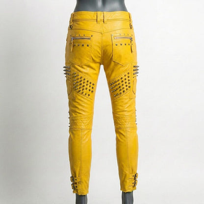 Back view of yellow punk rock leather pant for women