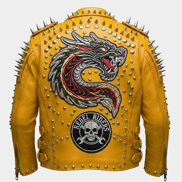Yellow Spiked Moto Leather Jacket with Dragon Back Patch