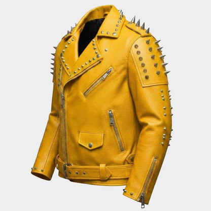 Yellow Spiked Moto Leather Jacket with Dragon Back Patch