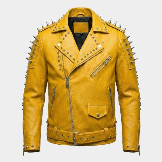 Yellow Spiked Moto Leather Jacket with Dragon Back Patch
