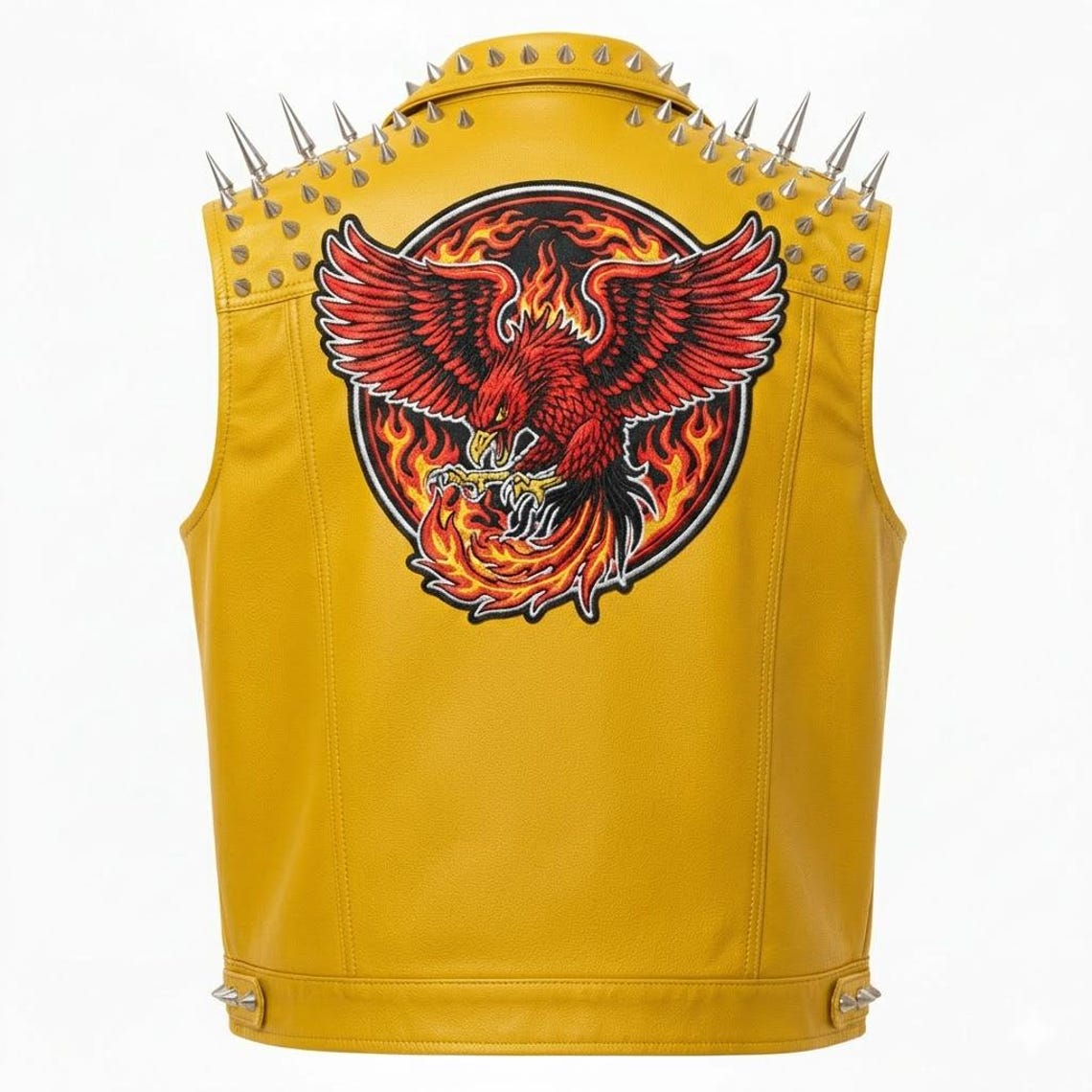 Back view of yellow leather biker vest featuring large phoenix patch