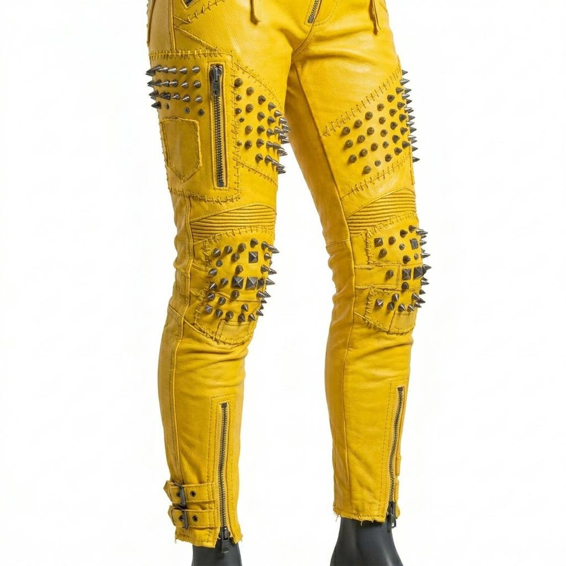  Side zipper detail on yellow studded leather biker pant for women